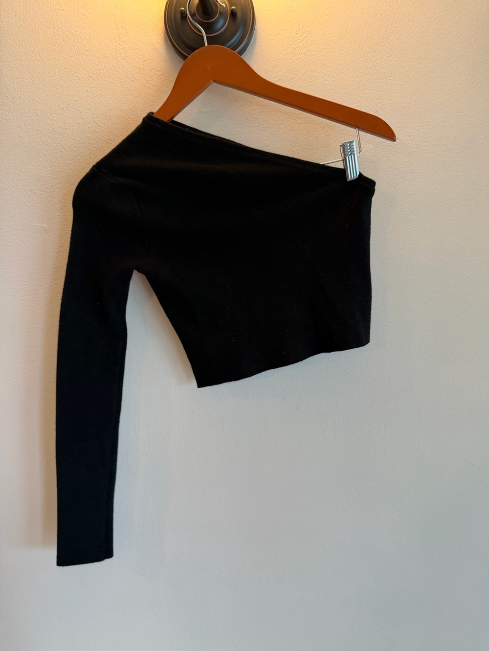 Double Zero Black One Shoulder Long Sleeve Ribbed Crop Top Medium